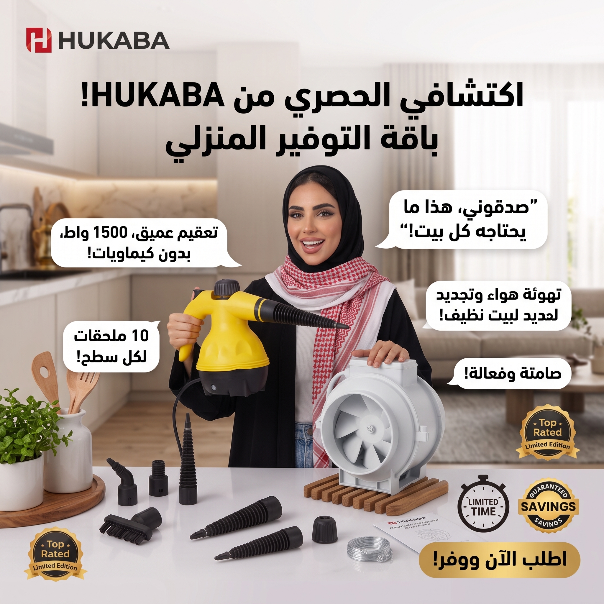 عرض التوفير(منظف البخار بـ 10 قطع مع شفاط ومروحة متنقلة)