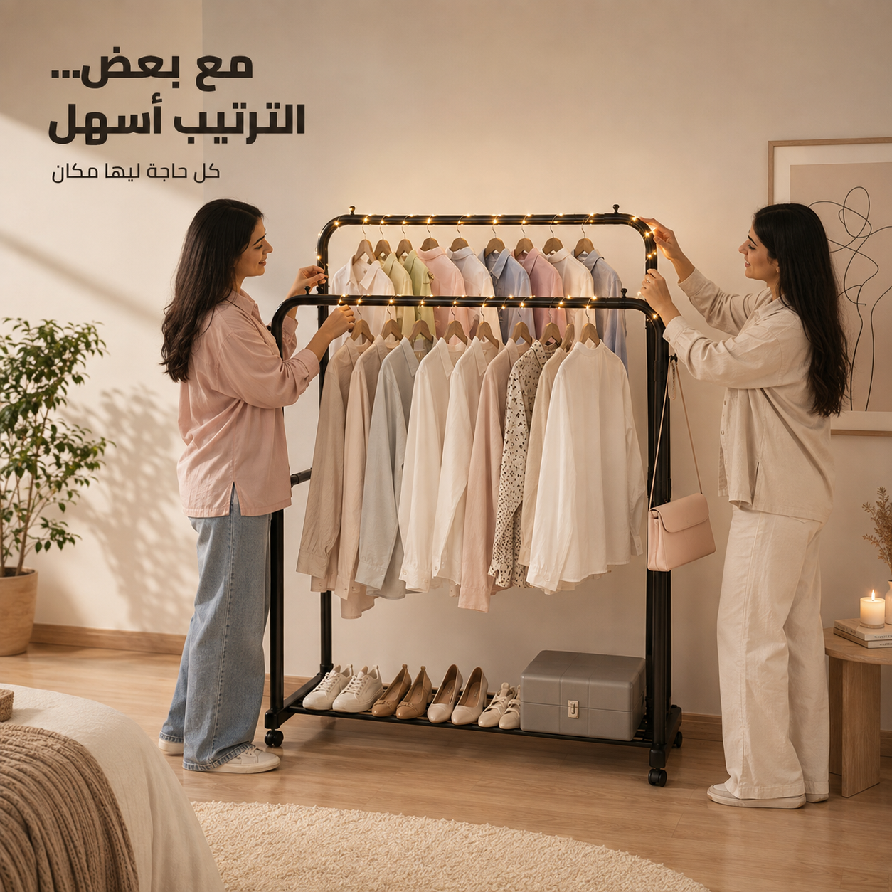 عرض ستاند ملابس زوجي بعجل مع ليد زينة يعمل بالطاقة الشمسية