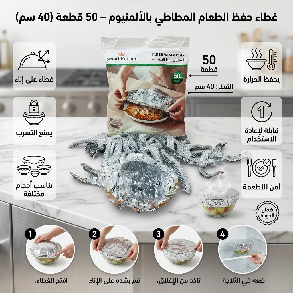 غطاء حفظ الطعام المطاطي بالألمنيوم – 50 قطعة (40 سم)