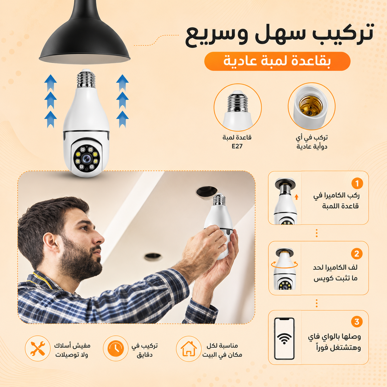 كاميرا مراقبة ذكية WiFi 360 درجة، كاميرا لمبة بانورامية مزدوجة مع إنذار صوتي وتتبع حركة ورؤية ليلية