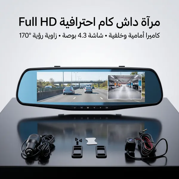 داش كام مرآة احترافية Full HD بشاشة 4.3 بوصة وكاميرا أمامية وخلفية واسعة 170° مع تصوير ليلي وتسجيل تلقائي تركب عن طريق ولاعة السيارة