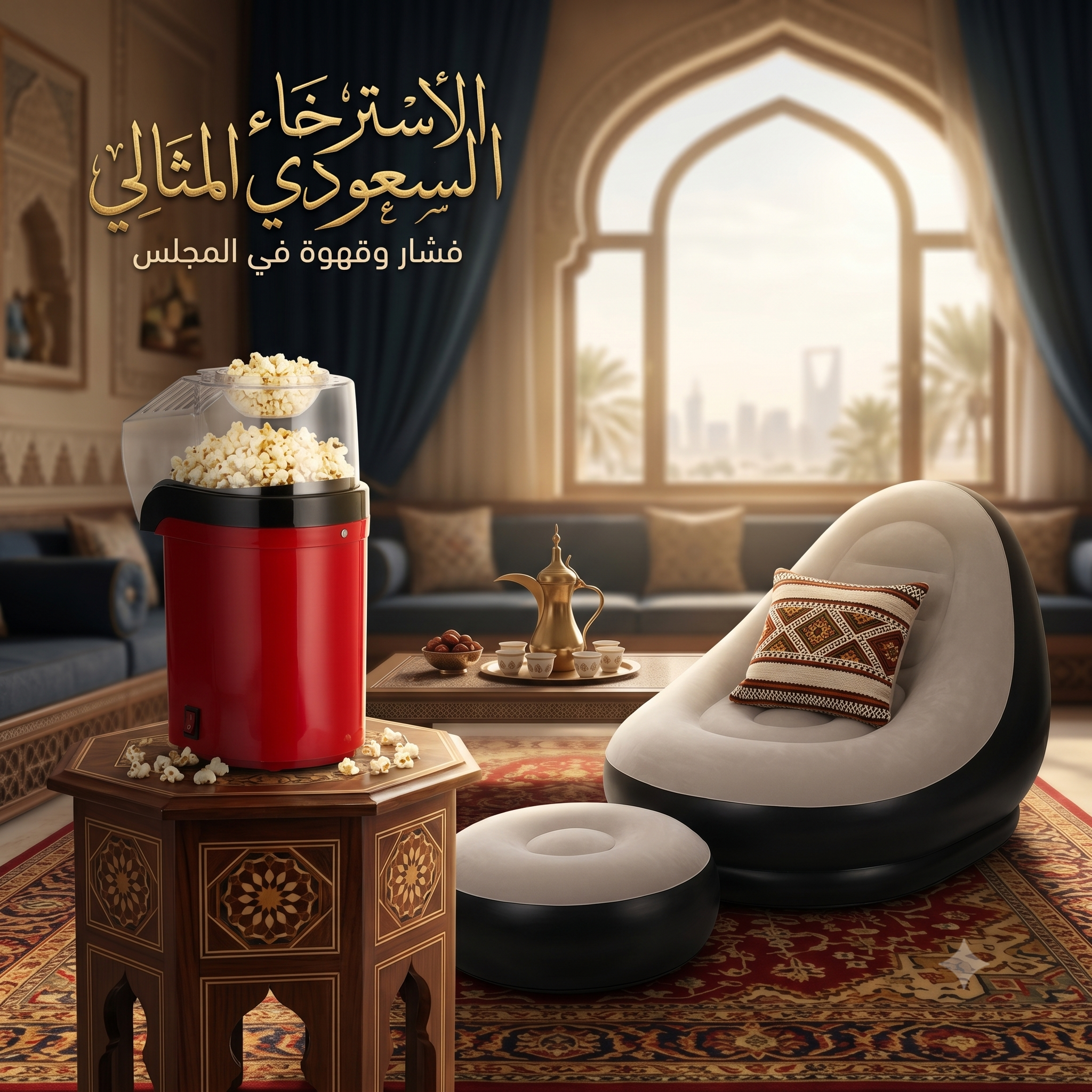 عرض كنبة بين باج و مسند رجل المريحة للمباريات + آله صنع الفشار السريعة