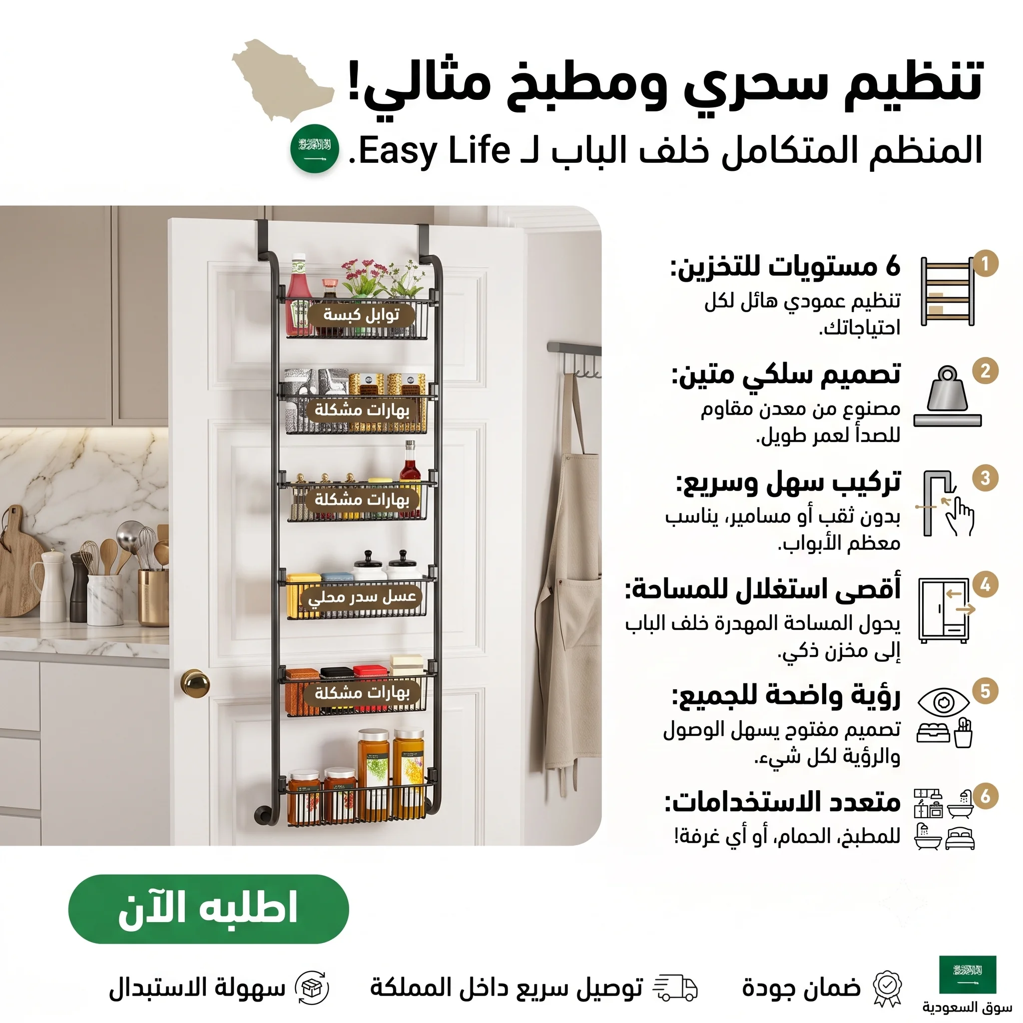 منظم 6 أدوار خلف الباب لأدوات المطبخ والحمام - سهل التعليق