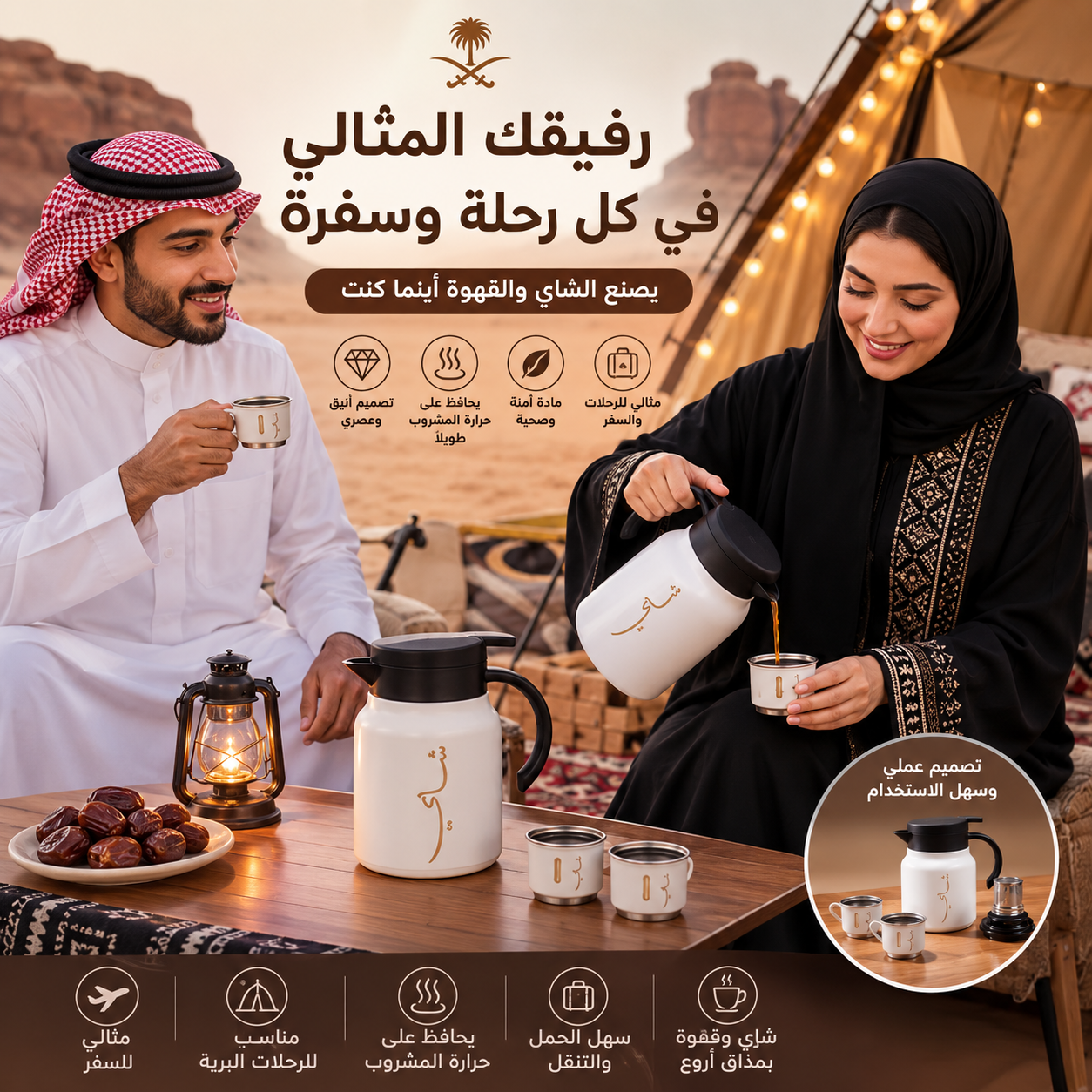 ترمس شاي وقهوة 1 لتر للرحلات والطلعات مع طقم فنجان 