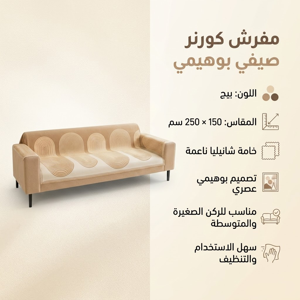 عرض 3 قطع مفرش كورنر صيفي بوهيمي بيج (150×250 سم)