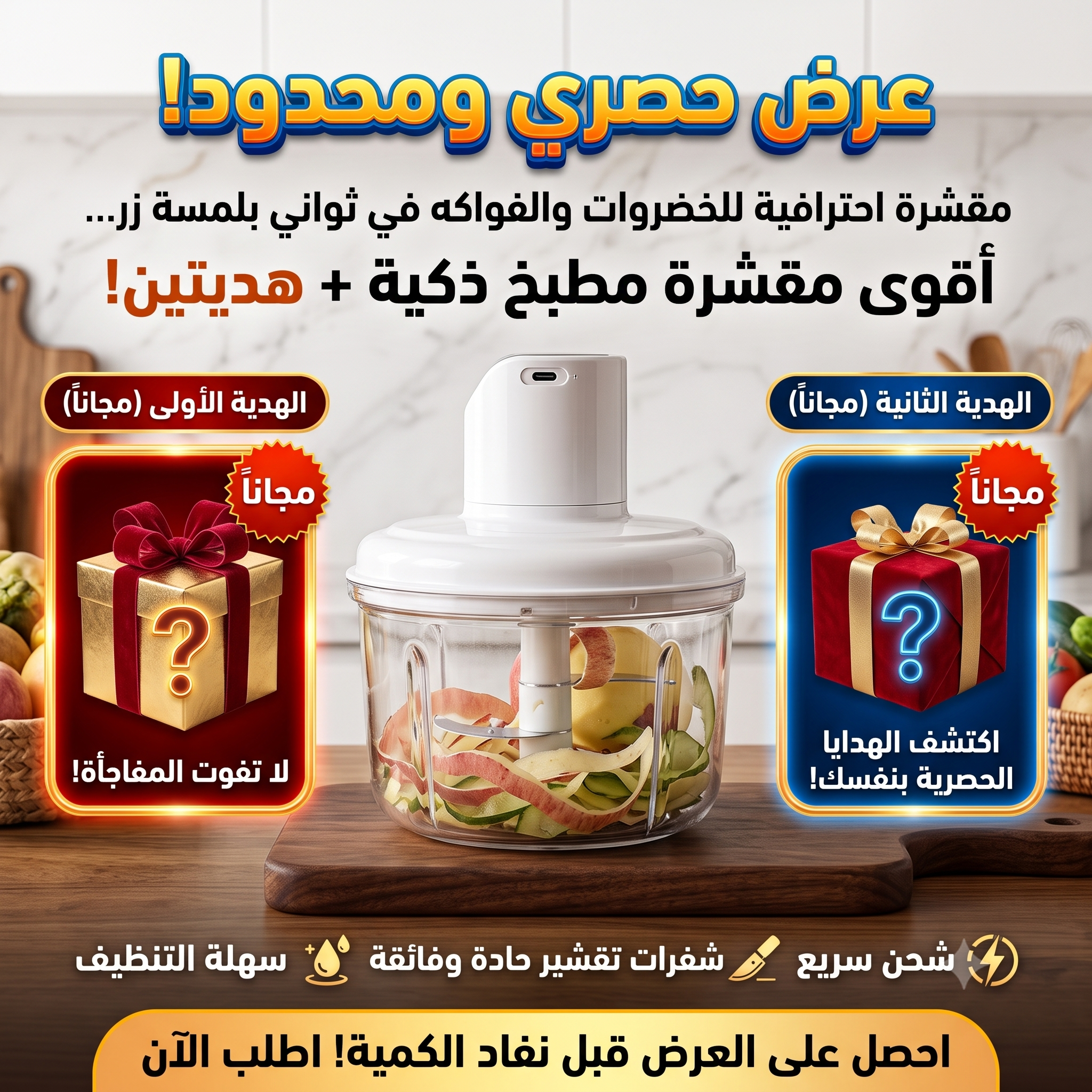 عرض التوفير: مقشرة الخضروات والفواكه الكهربائية + 2 هدية مجانية