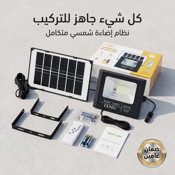 كشاف بالطاقة الشمسية 200 واط من دينكس - اضائة قوية للمساحات الكبيرة - بريموت للتحكم عن بعد  (ضمان عامين )