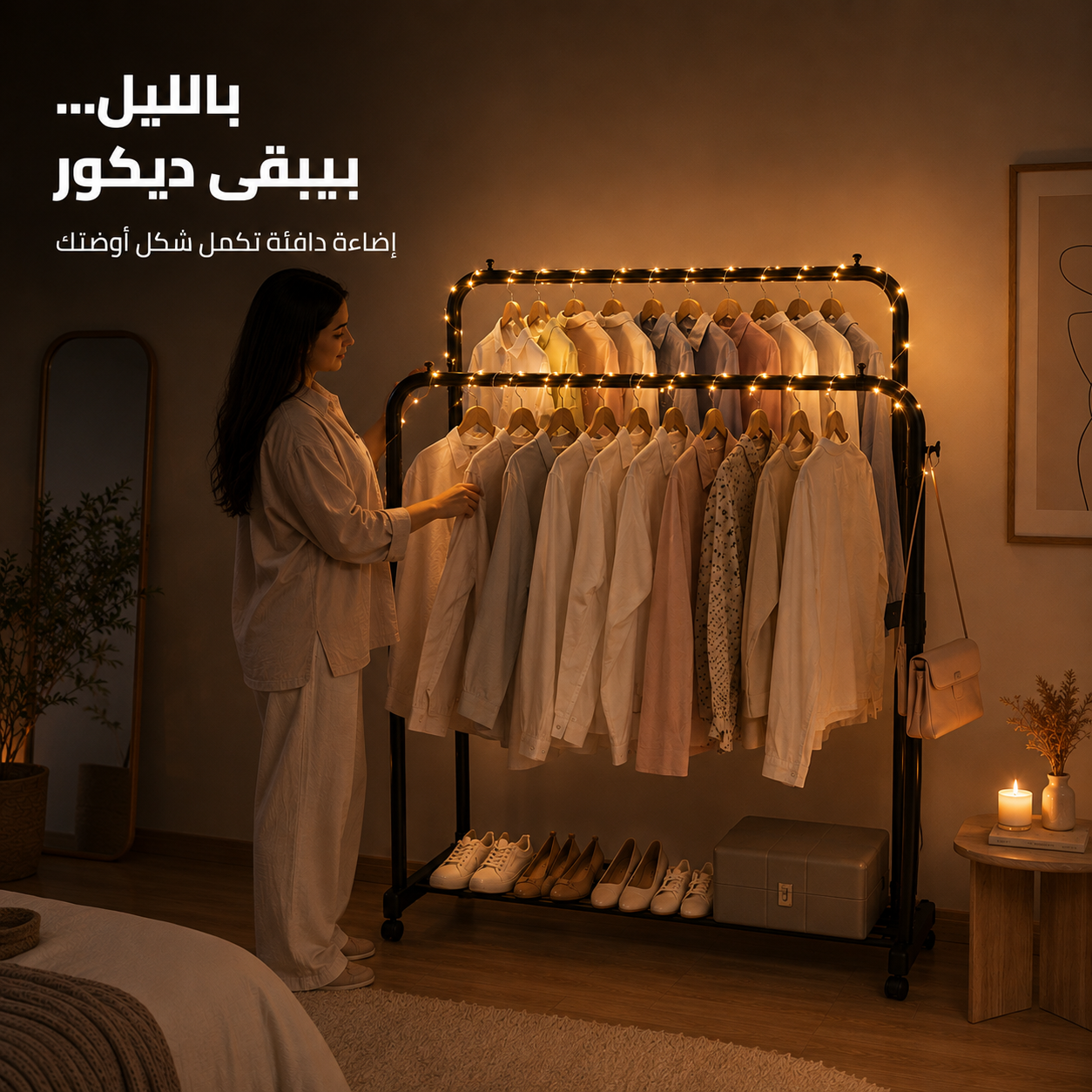 عرض ستاند ملابس زوجي بعجل مع ليد زينة يعمل بالطاقة الشمسية