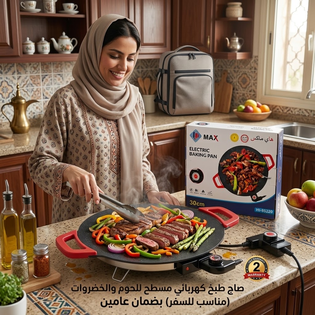 صاج طبخ كهربائي مسطح للحوم والخضروات (مناسب للسفر) بضمان عامين