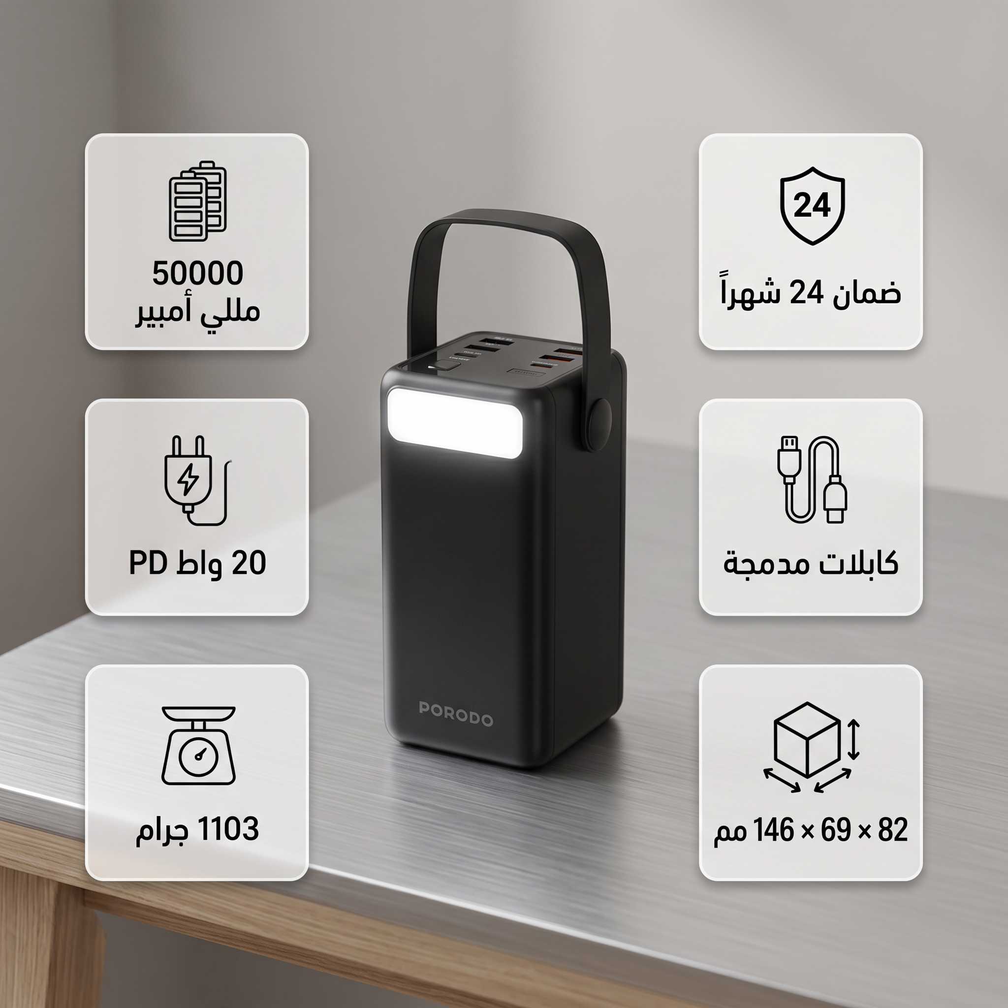باور بنك PORODO LARA 50000mAh – شحن سريع PD 20W