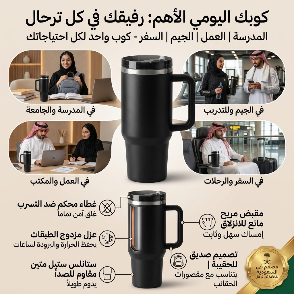 كوب حافظ السوائل الحارة والباردة طوال اليوم مع غطاء محكم