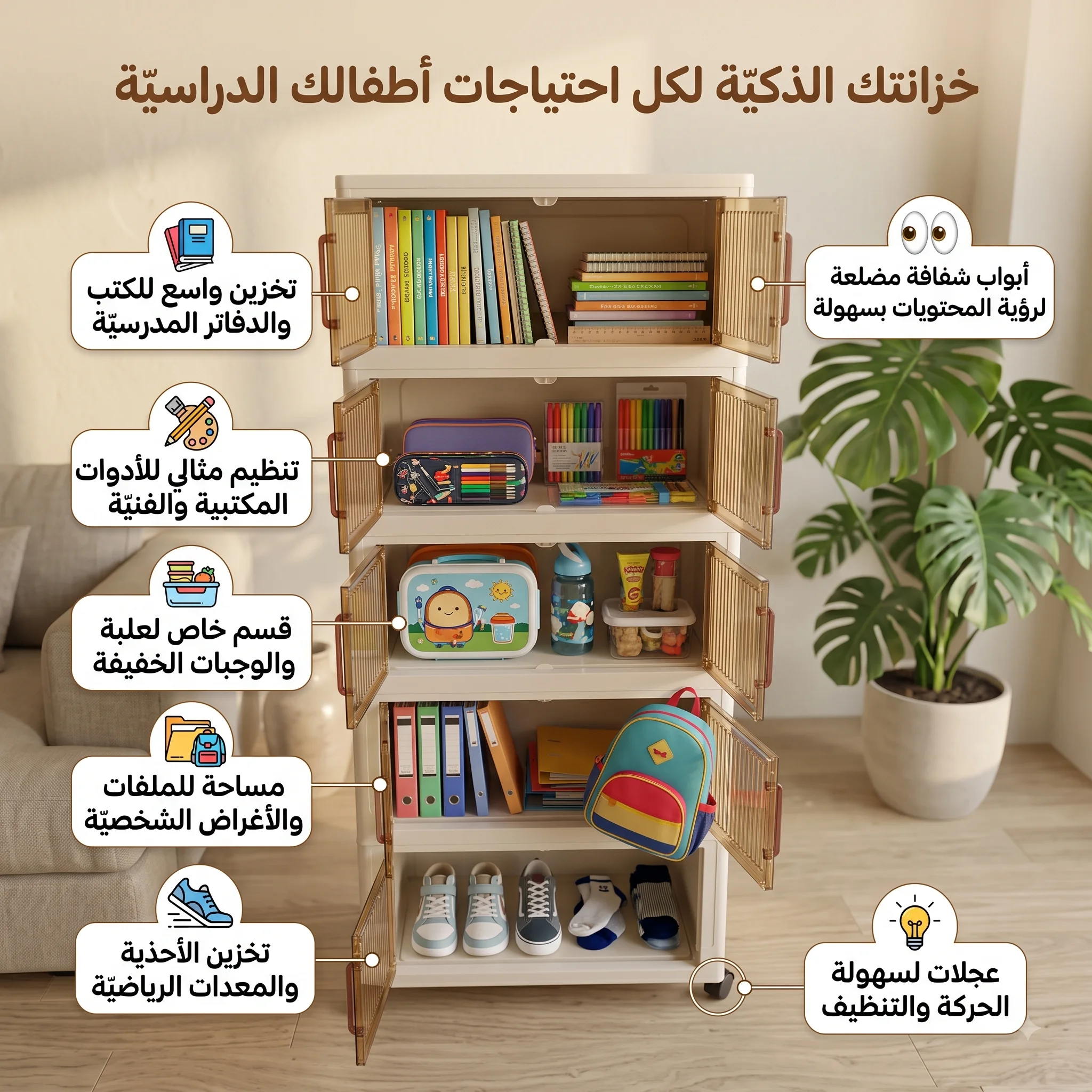 دولاب تخزين (الملابس - أدوات المطبخ - مستلزمات الحمام - أغراض الأطفال) - 5 أدوار بلاستيك سهل الفك والتركيب ومزود بعجلات (102×47×24 سم)