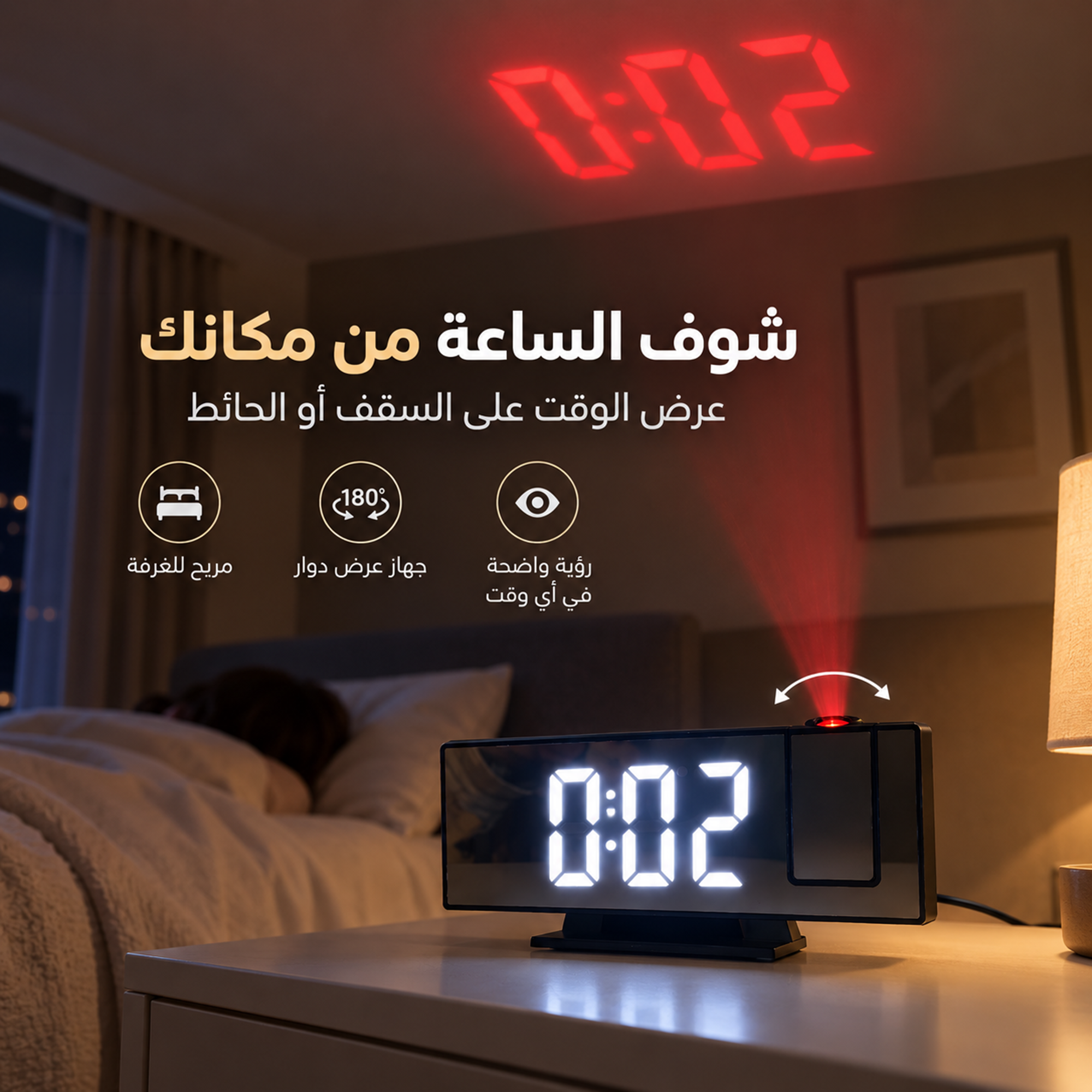 ساعات منبه رقمية للغرف مع شاشة LED كبيرة وجهاز عرض دوار وخمسة مستويات إضاءة وشاحن USB وبطارية احتياطية