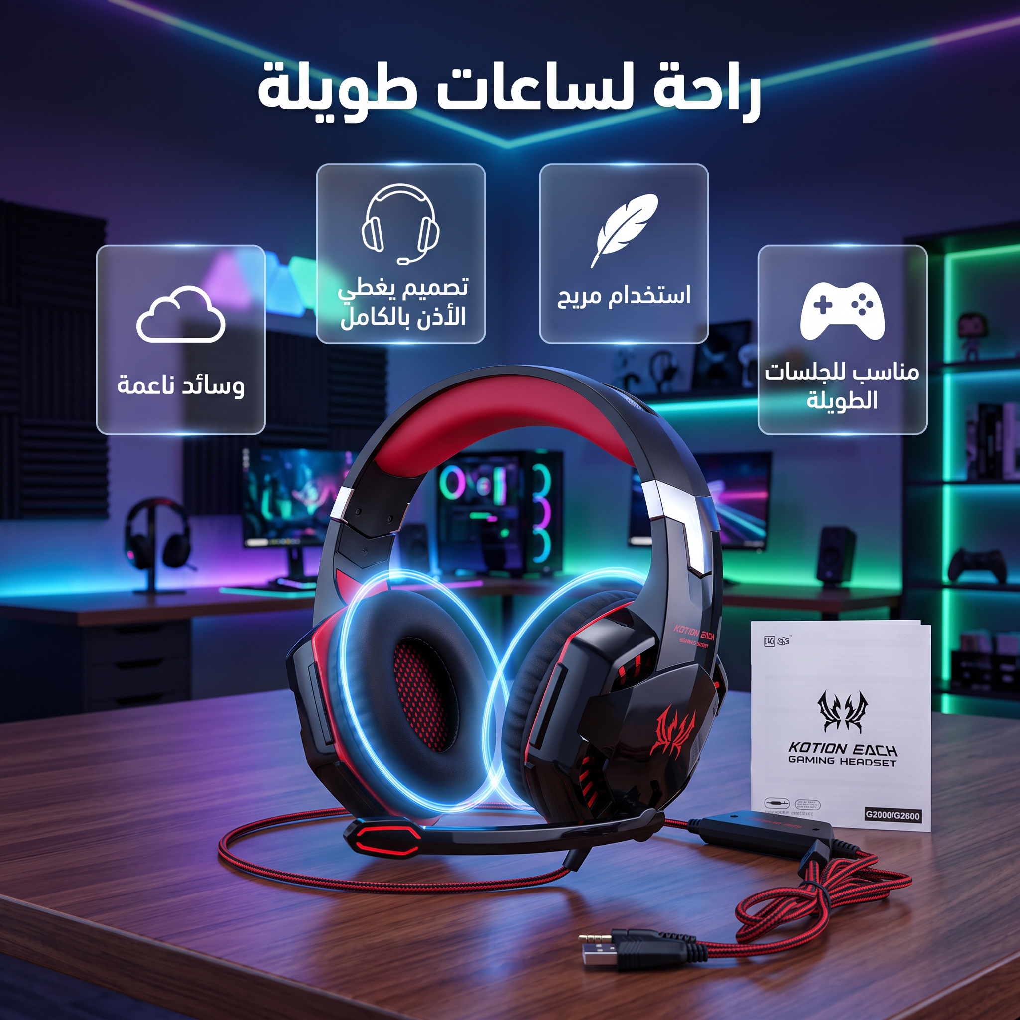 • سماعة رأس للألعاب مزوده بمايكروفون و إضاءة LED