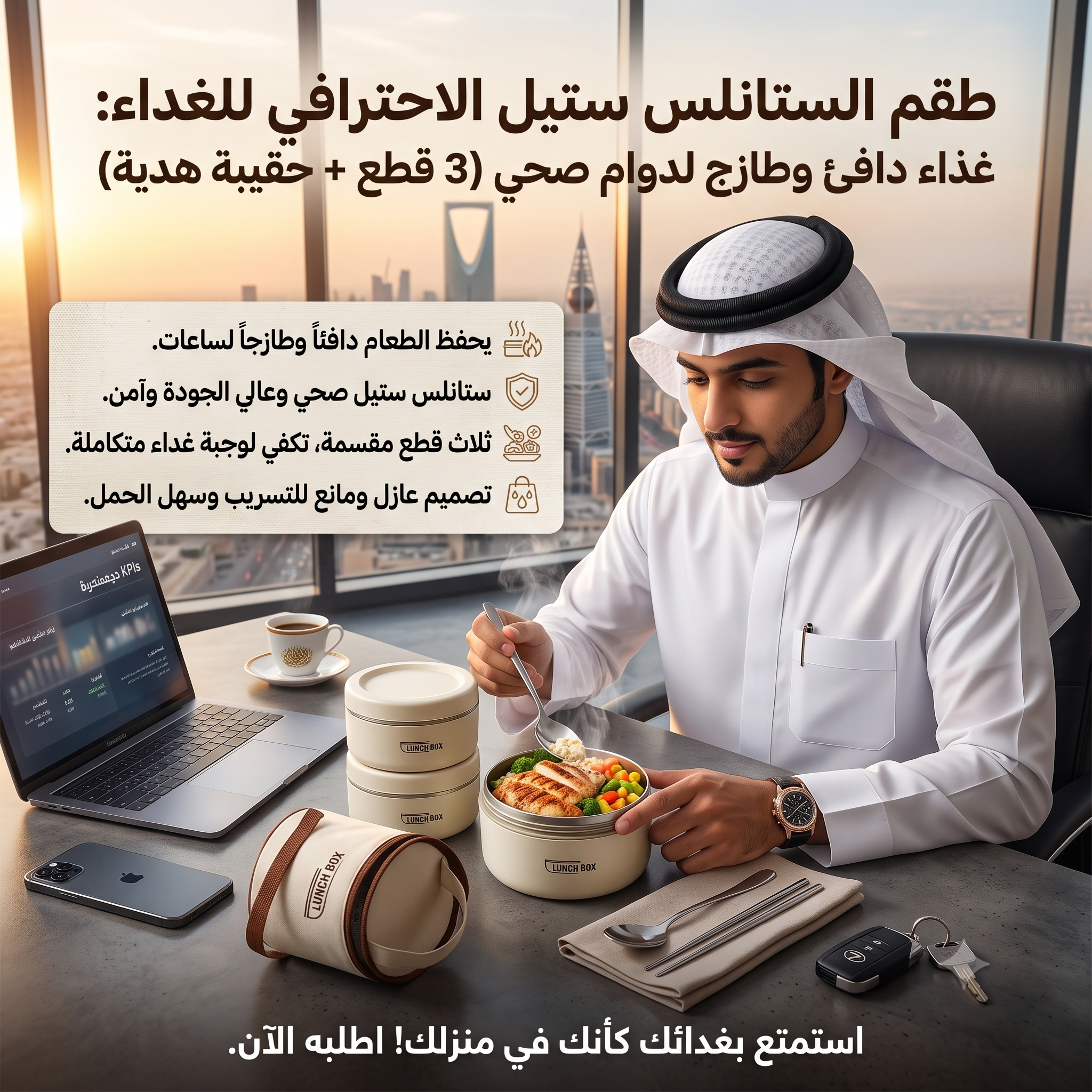 لانش بوكس المدارس الحراري (3 قطع ستانلس ستيل صحي) لحفظ الطعام دافئاً وطازجاً + حقيبة هدية