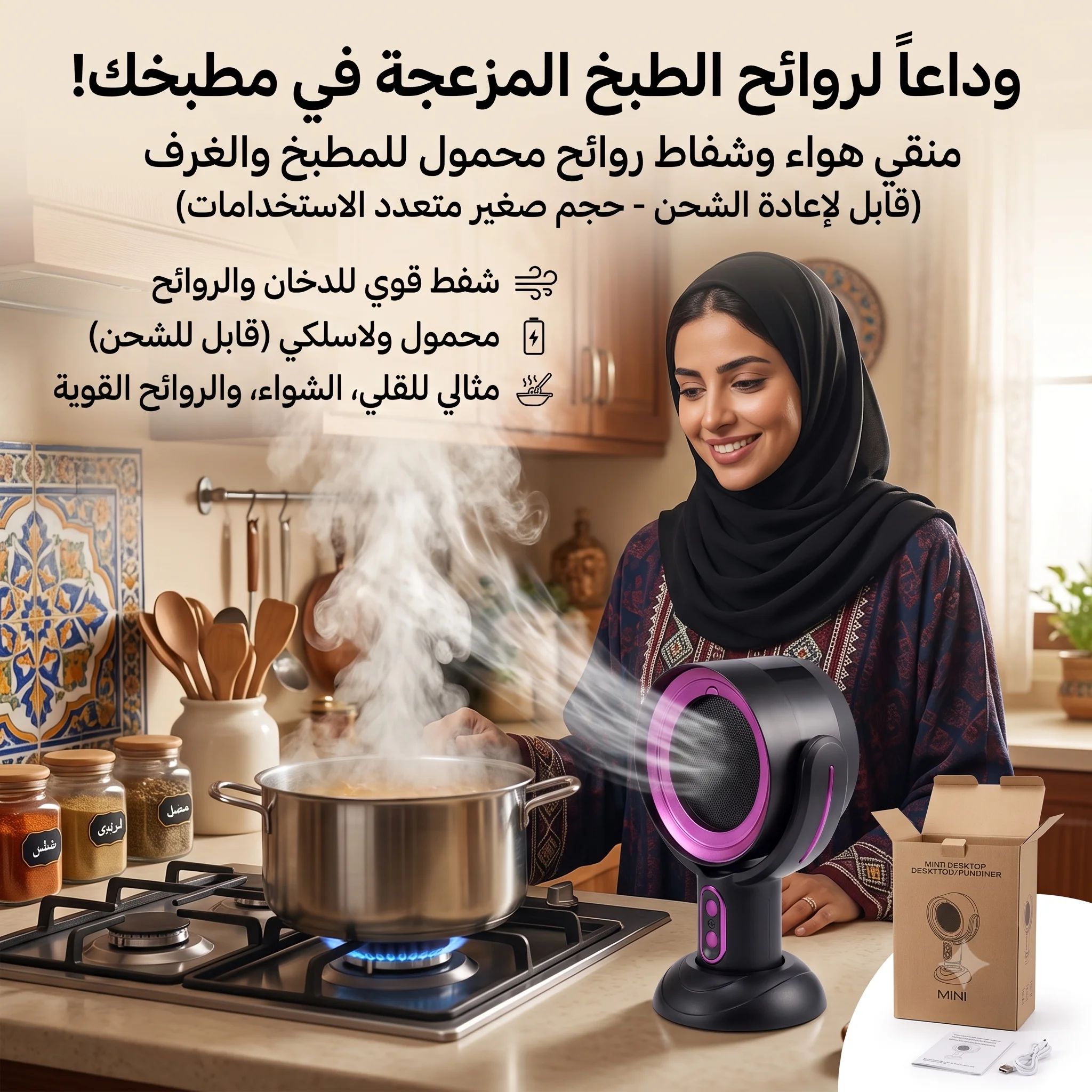 منقي هواء وشفاط روائح محمول للمطبخ والغرف (قابل لإعادة الشحن - حجم صغير متعدد الاستخدامات)