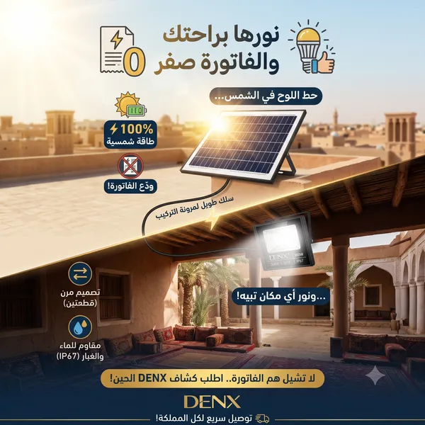 كشاف دينكس الشمسي منفصل قطعتين (لوح شمسي + كشاف ) مع ريموت تحكم بقوة 100 واط