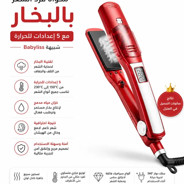 مكواة فرد الشعر بالبخار مع 5 إعدادات للحرارة شبيهة Babyliss