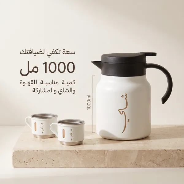 ترمس شاي وقهوة 1 لتر للرحلات والطلعات مع طقم فنجان