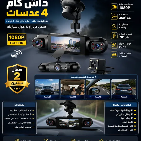 داش كام للسيارة 4 عدسات بدقة HD 1080P مزودة ببطارية قابلة للشحن مع واي فاي (WiFi) ورؤية ليلية - مقاومة للحرارة حتى 70° - سهلة التركيب بمقبس الولاعة (ضمان عامين)