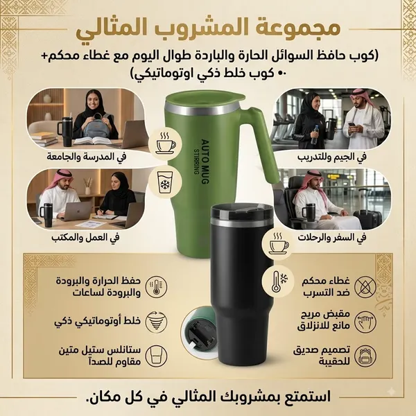 مجموعةالمشروب المثالي(كوب حافظ السوائل الحارة والباردة طوال اليوم مع غطاء محكم+• كوب خلط ذكي اوتوماتيكي)