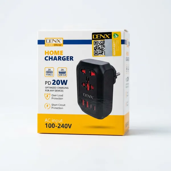 شاحن كل منزل متعدد المداخل (2 مدخل Type -C + مدخلين USB + مدخل فيشة ) بسرعة 20 W سعر الجملة