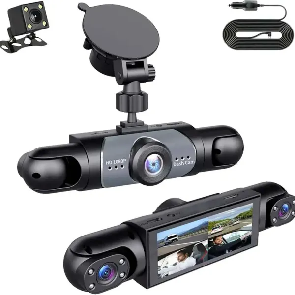 داش كام للسيارة 4 عدسات بدقة HD 1080P مزودة ببطارية قابلة للشحن مع واي فاي (WiFi) ورؤية ليلية - مقاومة للحرارة حتى 70° - سهلة التركيب بمقبس الولاعة (ضمان عامين)