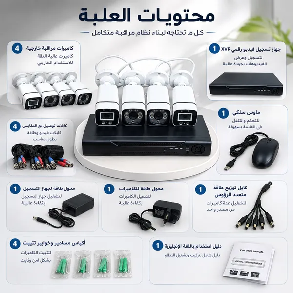 سيستم كاميرات كامل 4كاميرات مع جهاز تسجيل وكابلات و وصلات