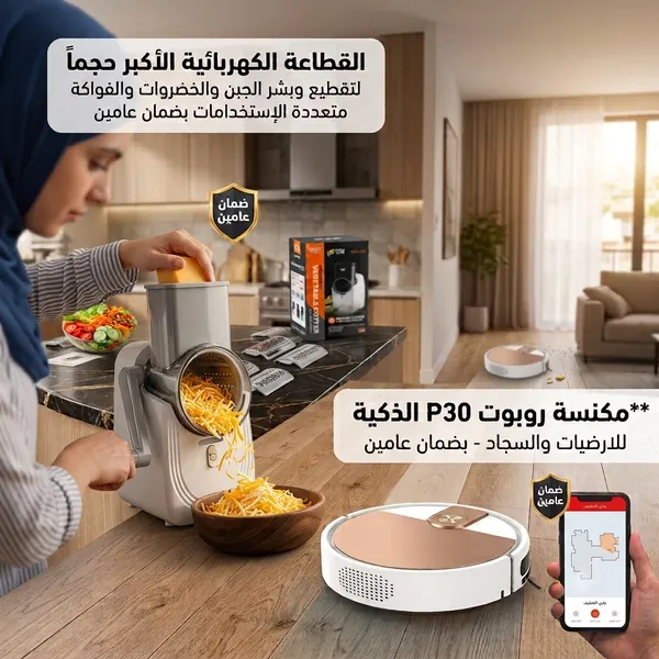 القطاعة الكهربائية الأكبر حجماً لتقطيع وبشر الجبن والخضروات والفواكة متعددة الإستخدامات بضمان عامين+مكنسة روبوت P30 الذكية للارضيات والسجاد - بضمان عامين