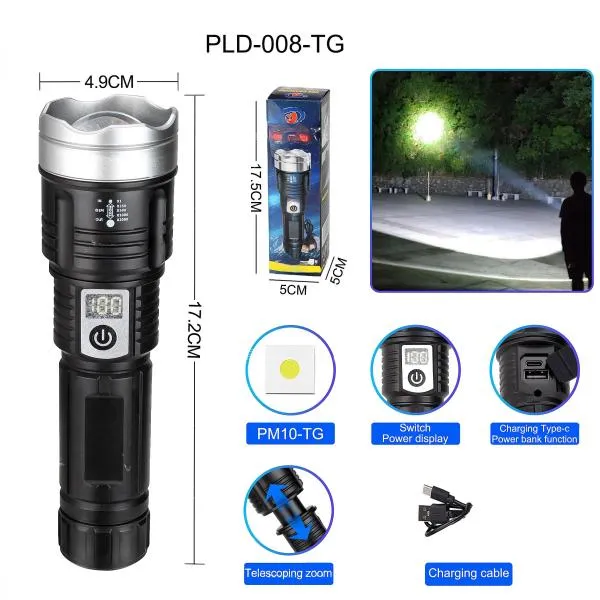 مصباح يدوي متعدد الوظائف قابل لإعادة الشحن بتقنية LED.