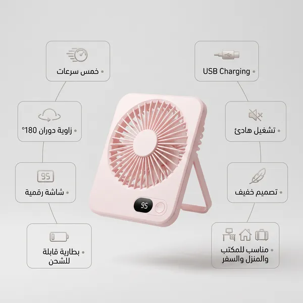 مروحة مكتب وسفر محمولة تعمل بالشحن (5 سرعات وشاشة LED)