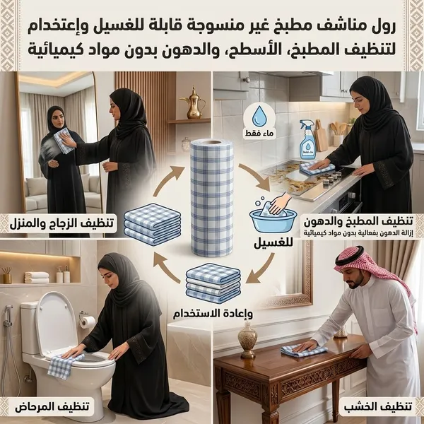 رول مناشف مطبخ غير منسوجة قابلة للغسيل وإعادة الاستخدام لتنظيف الأسطح والدهون