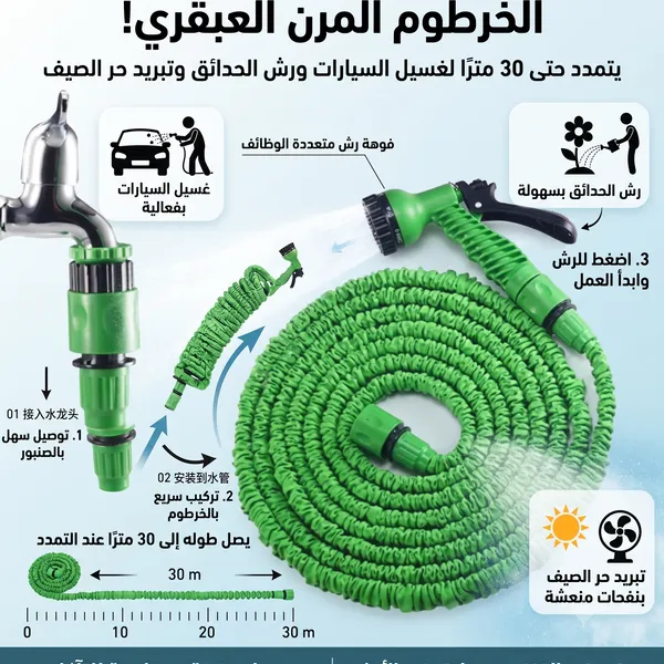 خرطوم ماء مرن ومقاوم للتآكل لغسيل السيارات ورش الحدائق وتبريد حر الصيف، قابل للتمدد ليصل طوله إلى 30 متر