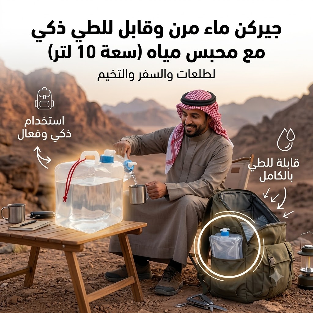 جيركن ماء مرن وقابل للطي ذكي مع محبس مياه (سعة 10 لتر).لطلعات والسفر والتخيم