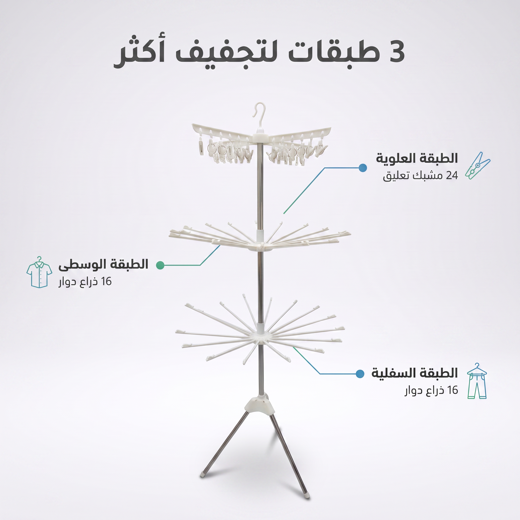 منشر غسيل 3 طبقات بعجلات قابل للطي 