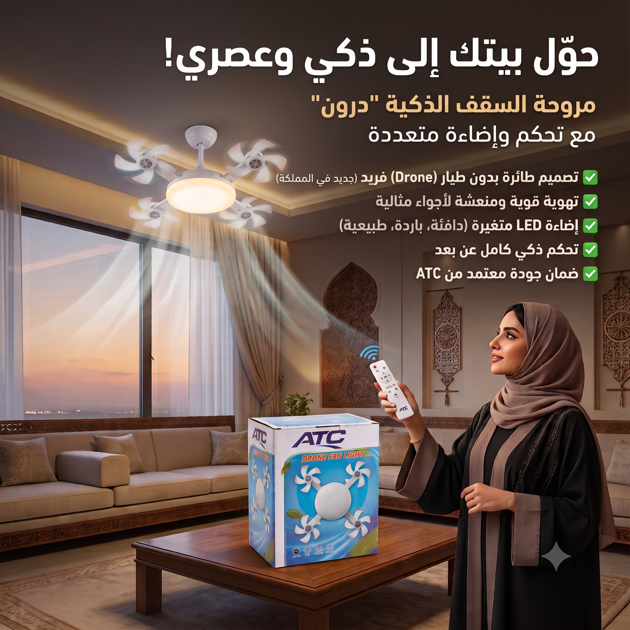 مروحة الدرون المضيئة للأسقف مع جهاز تحكم عن بعد بإضاءات متعددة
