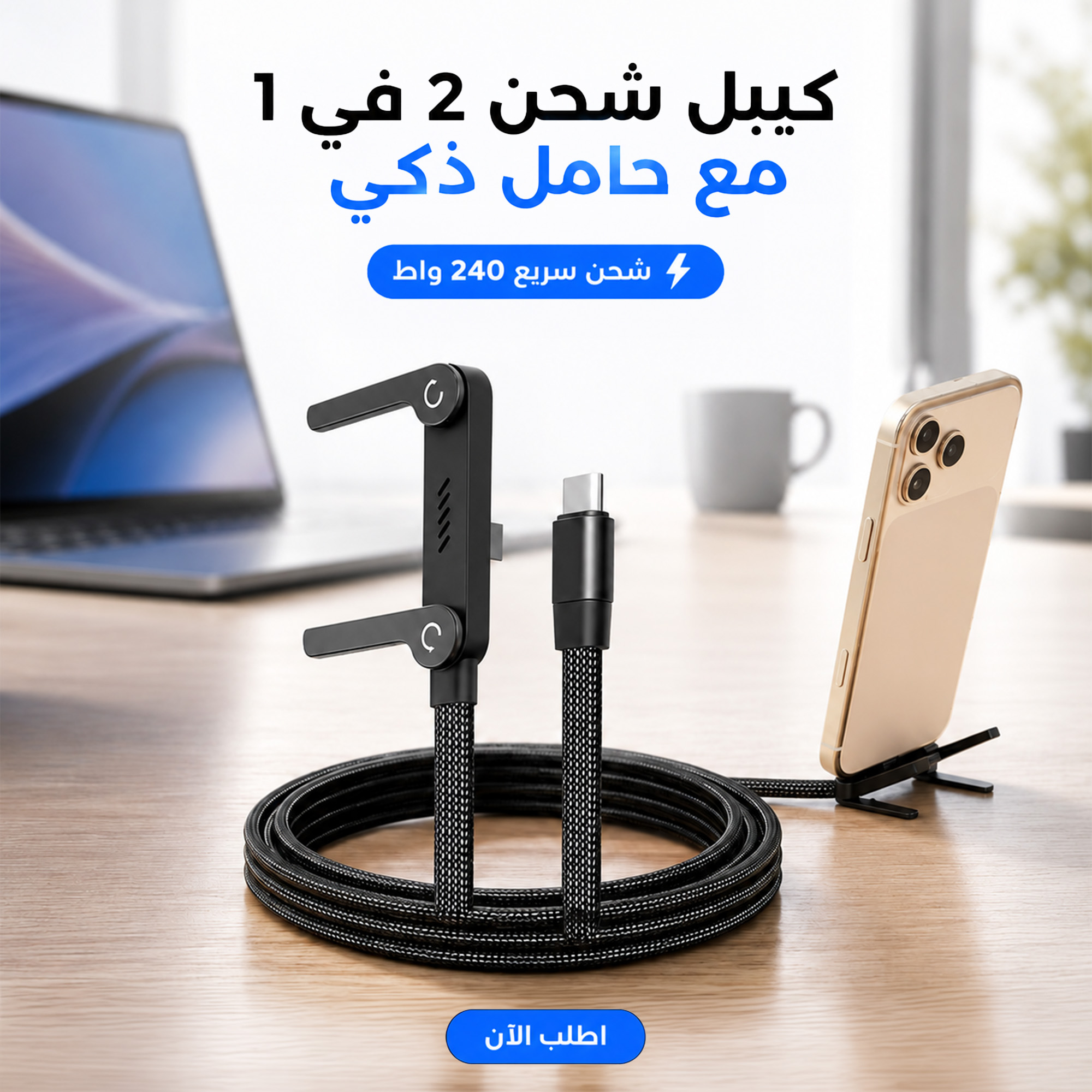 كيبل شحن 2 في 1 مع حامل مدمج قابل للطى، كيبل شحن سريع 240 واط بطول 1.5 متر