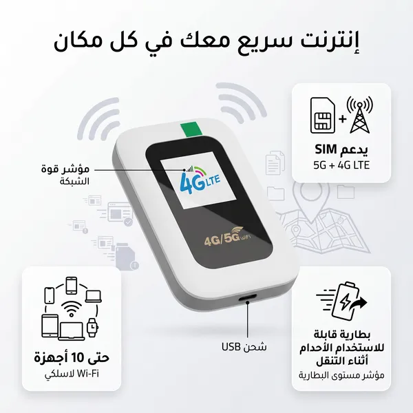 جهاز واي فاي متنقل5G 4G - يدعم 10 أجهزة - إنترنت مستقر ومحمول