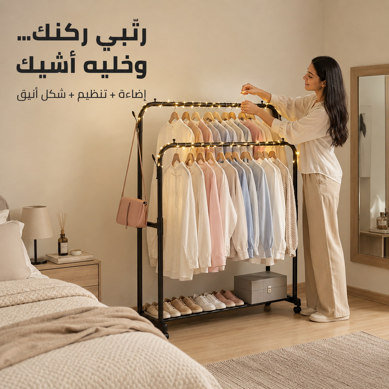 عرض ستاند ملابس زوجي بعجل مع ليد زينة يعمل بالطاقة الشمسية