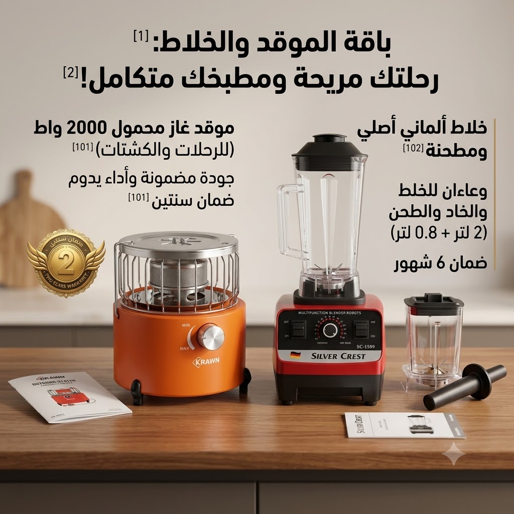 باقة ال 3 ف 1(موقد غاز بقوة 2000 واط محمول للرحلات والكشتات+• الخلاط الألماني الأصلي مع مطحنة بضمان 6 شهور)