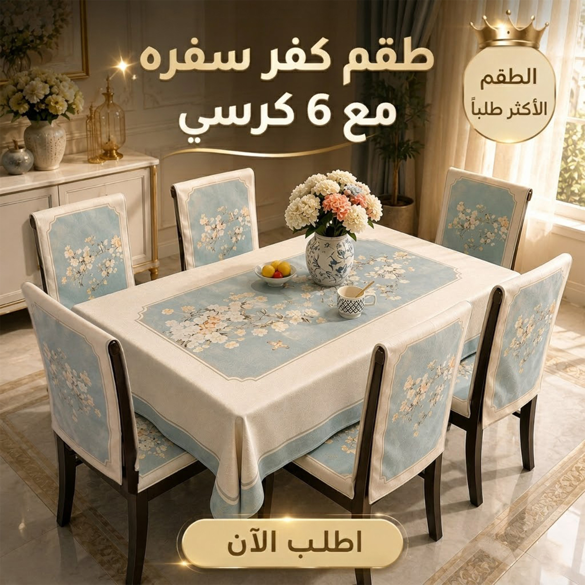مفرش سفرة + 6 كفرات كراسي | جددي شكل سفرتك بأناقة