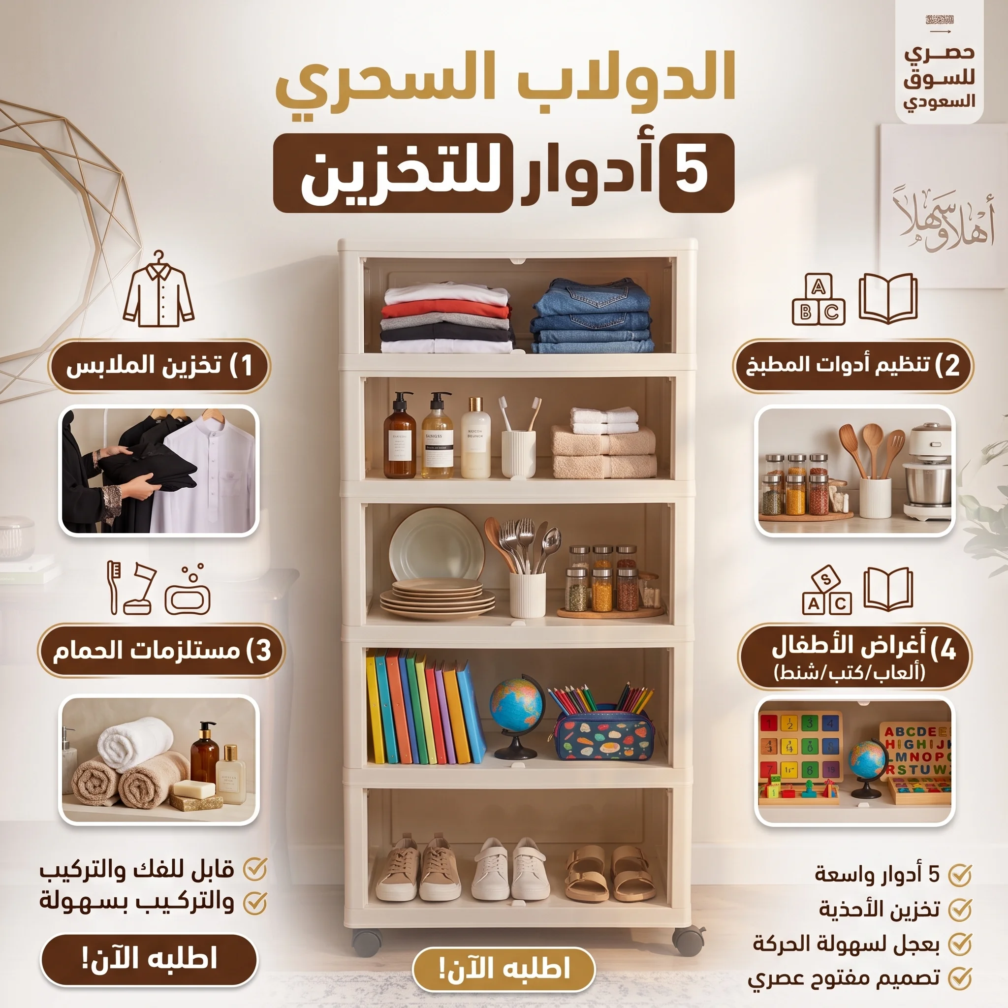 دولاب تخزين (الملابس - أدوات المطبخ - مستلزمات الحمام - أغراض الأطفال) - 5 أدوار بلاستيك سهل الفك والتركيب ومزود بعجلات (102×47×24 سم)