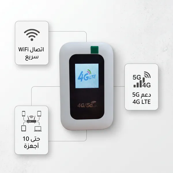 جهاز واي فاي متنقل5G 4G - يدعم 10 أجهزة - إنترنت مستقر ومحمول