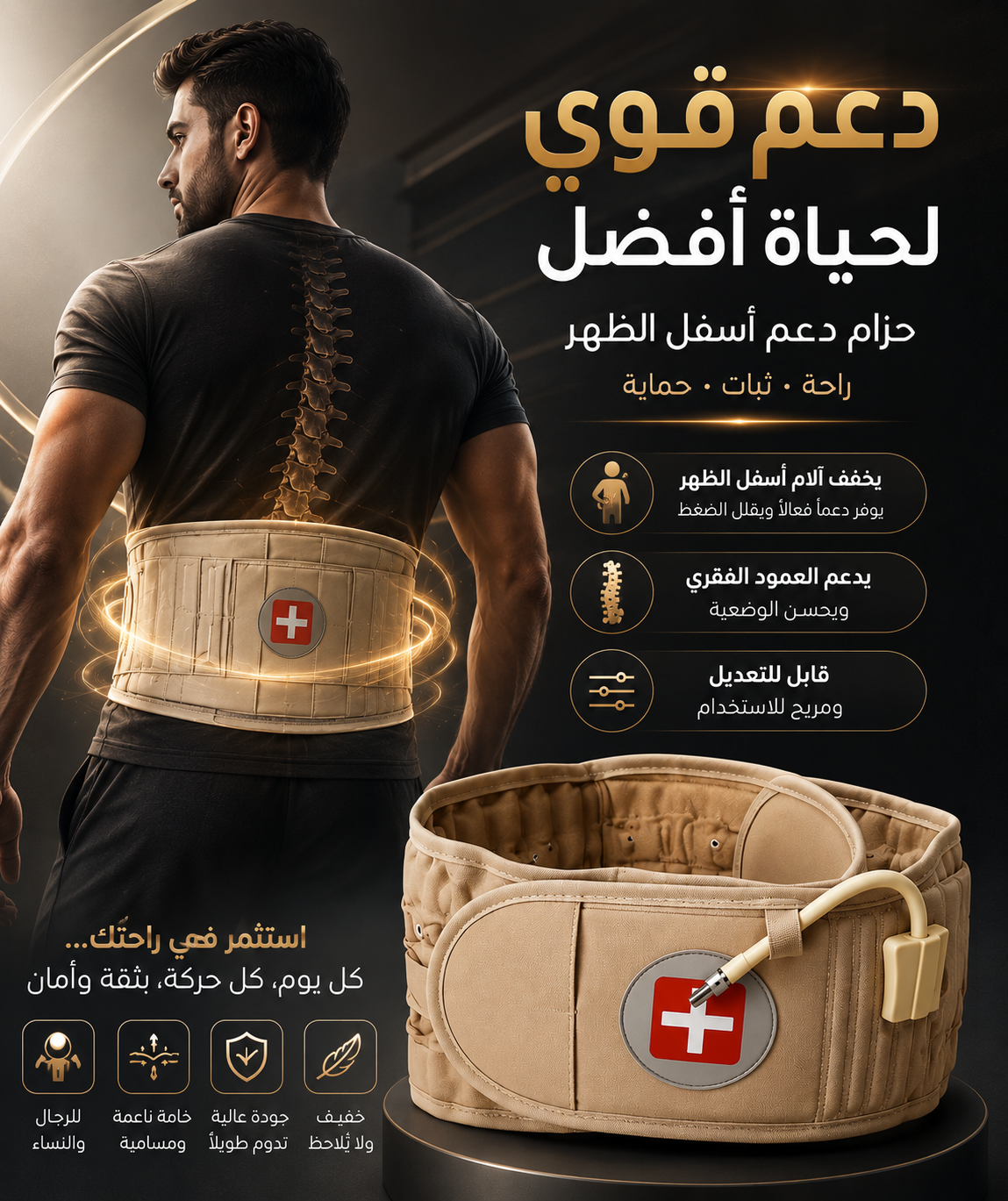 حزام دعم أسفل الظهر للرجال والنساء لتخفيف آلام أسفل الظهر