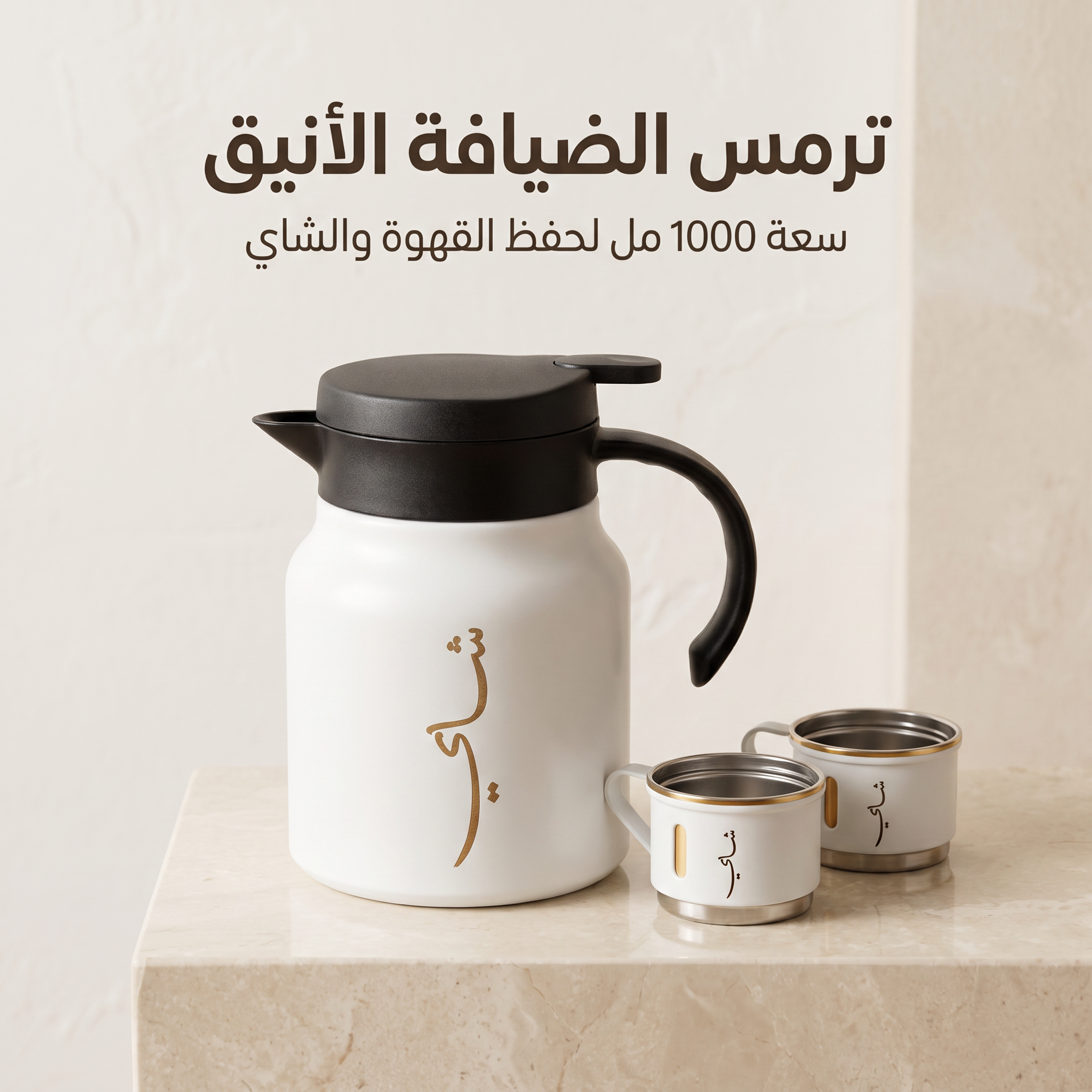 ترمس شاي وقهوة 1 لتر للرحلات والطلعات مع طقم فنجان 