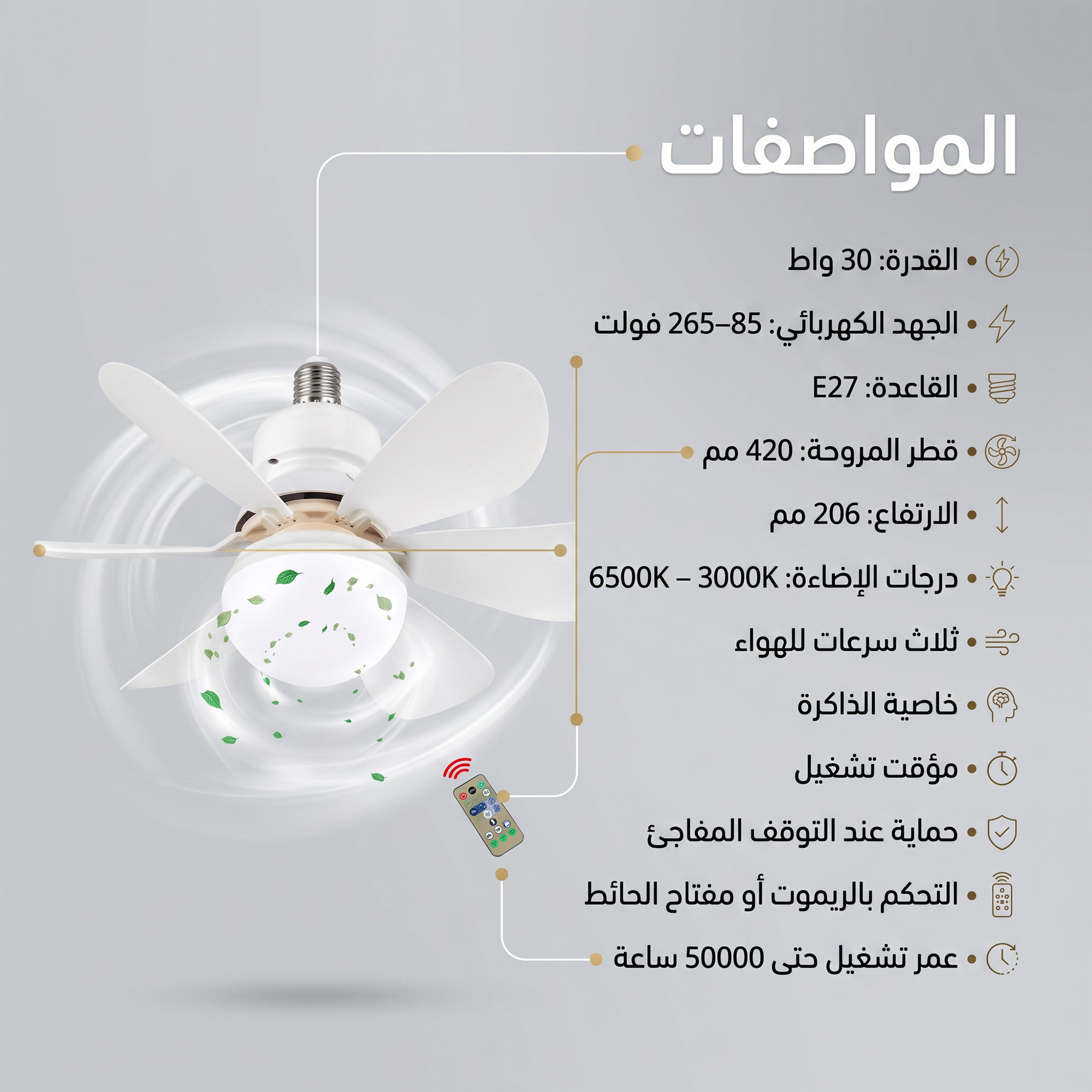 مروحة سقف بإضاءات متعددة وريموت كنترول للتحكم عن بعد