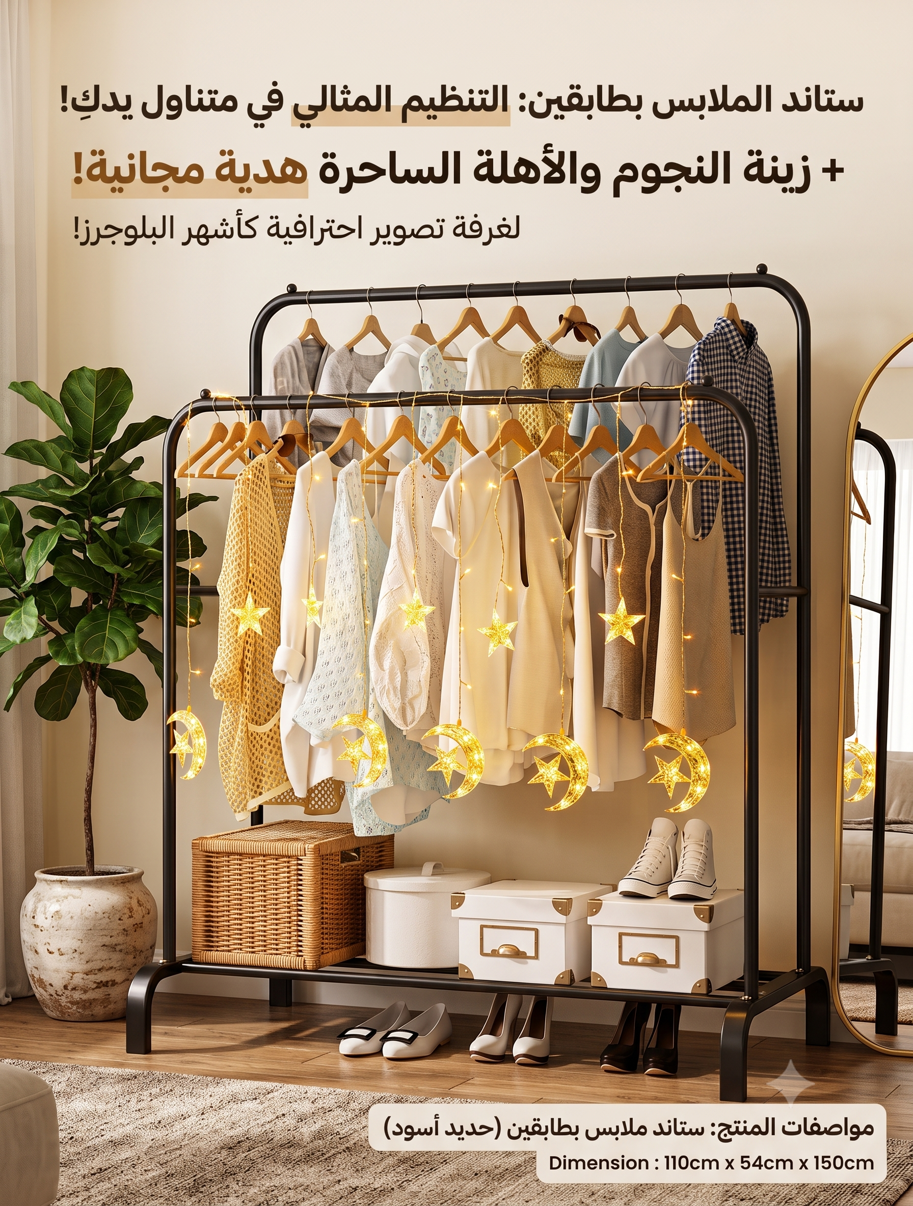 ستاند البلوجرز المزدوج للملابس والأحذية + زينة إضاءة هدية مجانية