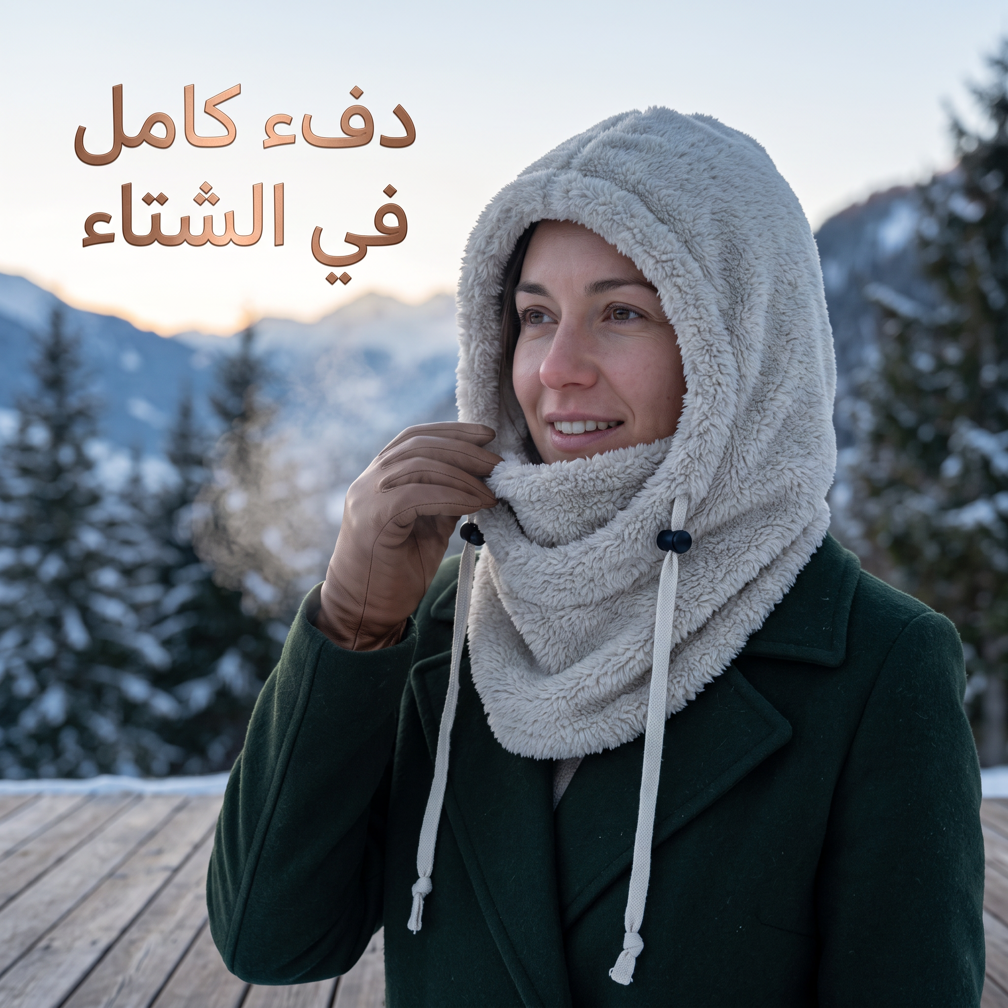 وشاح صوف بغطاء رأس، دافئ لفصل الشتاء للجنسين - لارج