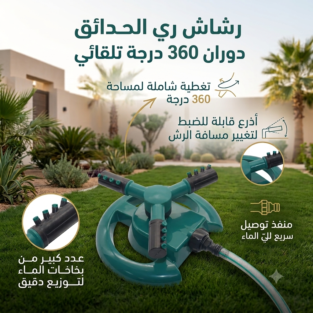 رشاش المياه الدوار 360° لري الحدائق وتلطيف جو الجلسات الخارجية