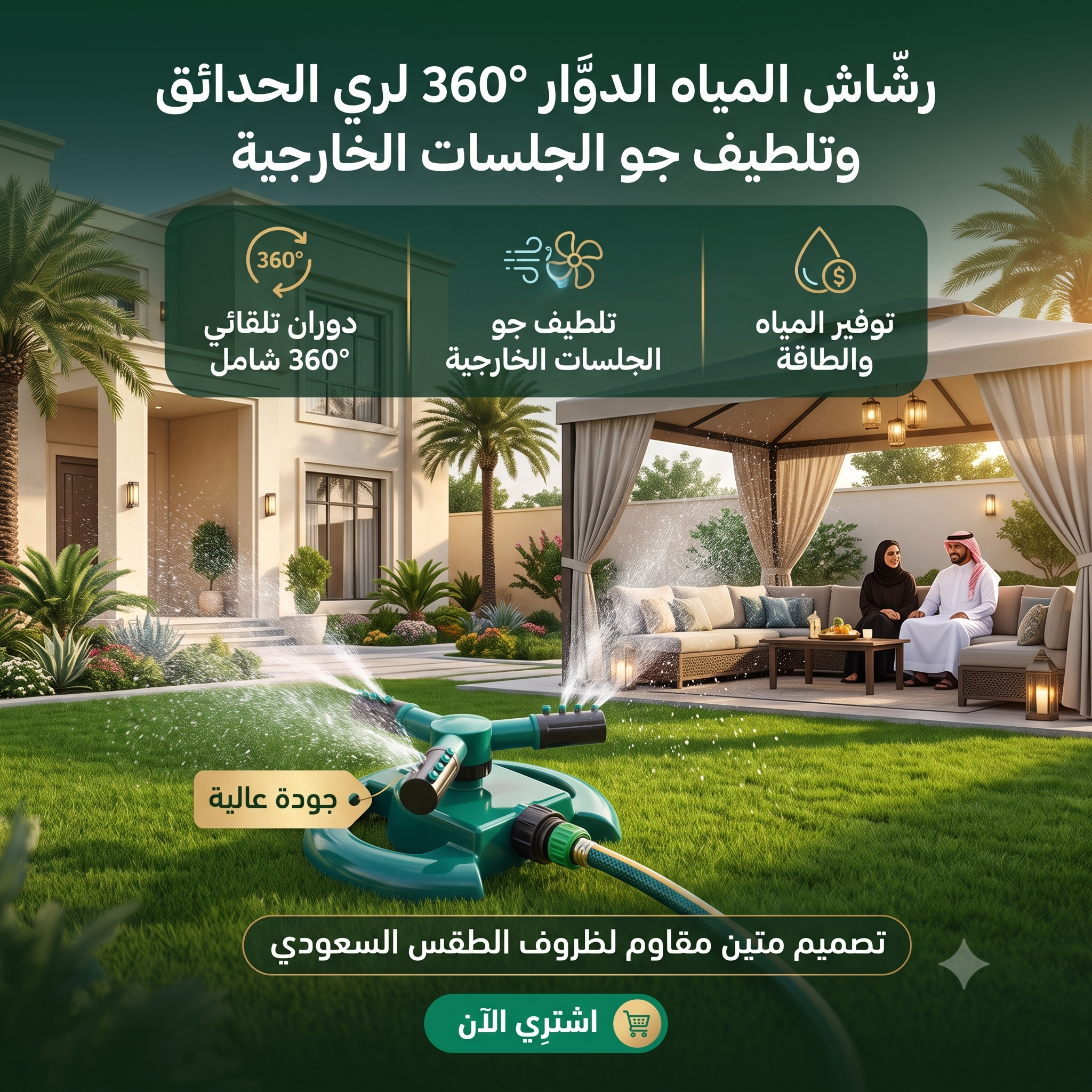 رشاش المياه الدوار 360° لري الحدائق وتلطيف جو الجلسات الخارجية